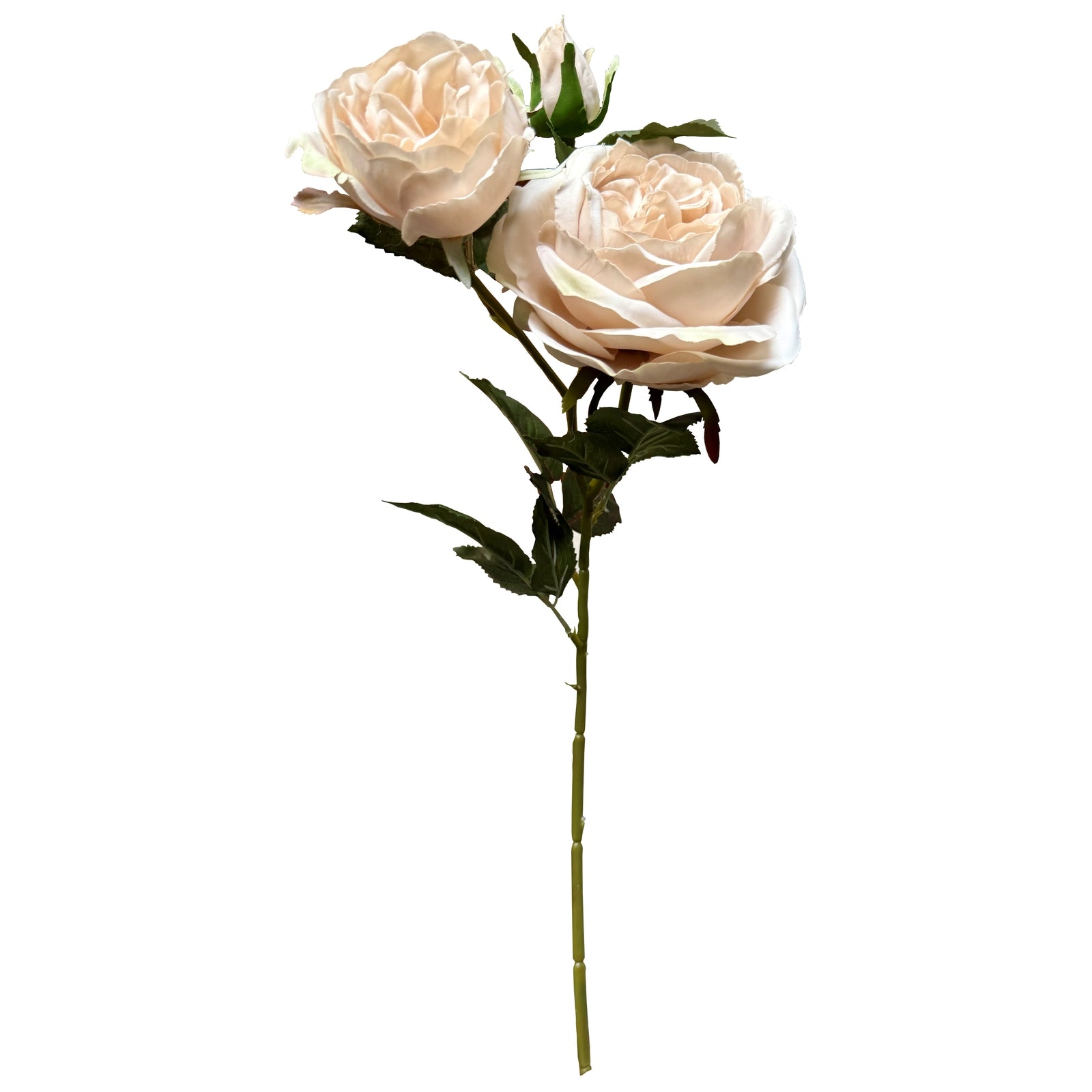 Artificial Palest Blush Charity Rose with soft ivory and blush petals, featuring realistic leaves on a long stem.