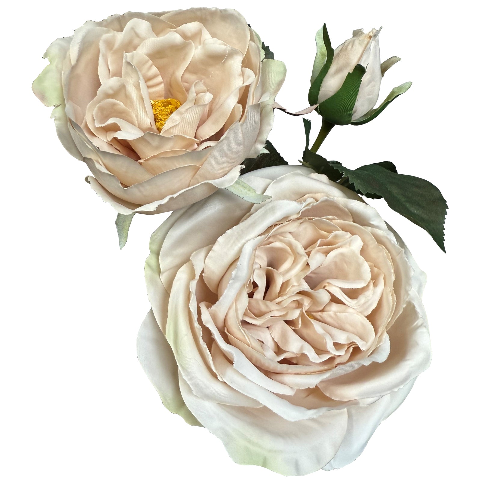 Palest blush artificial rose with multi-layered petals and green leaves, evoking elegance and sophistication for décor.