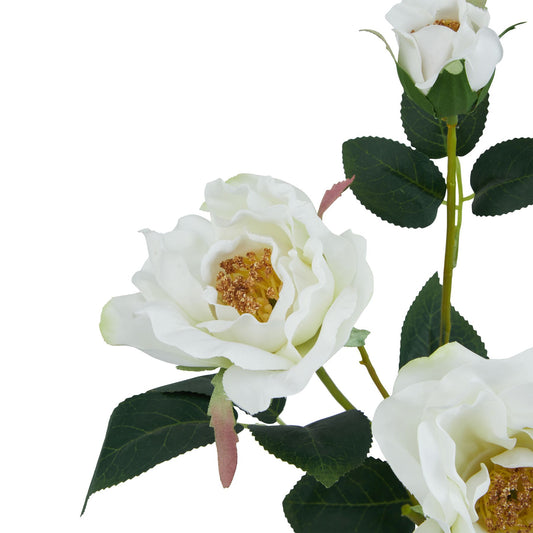 Single stem white rose featuring soft, creamy petals and authentic green foliage, perfect for elegant home decor.