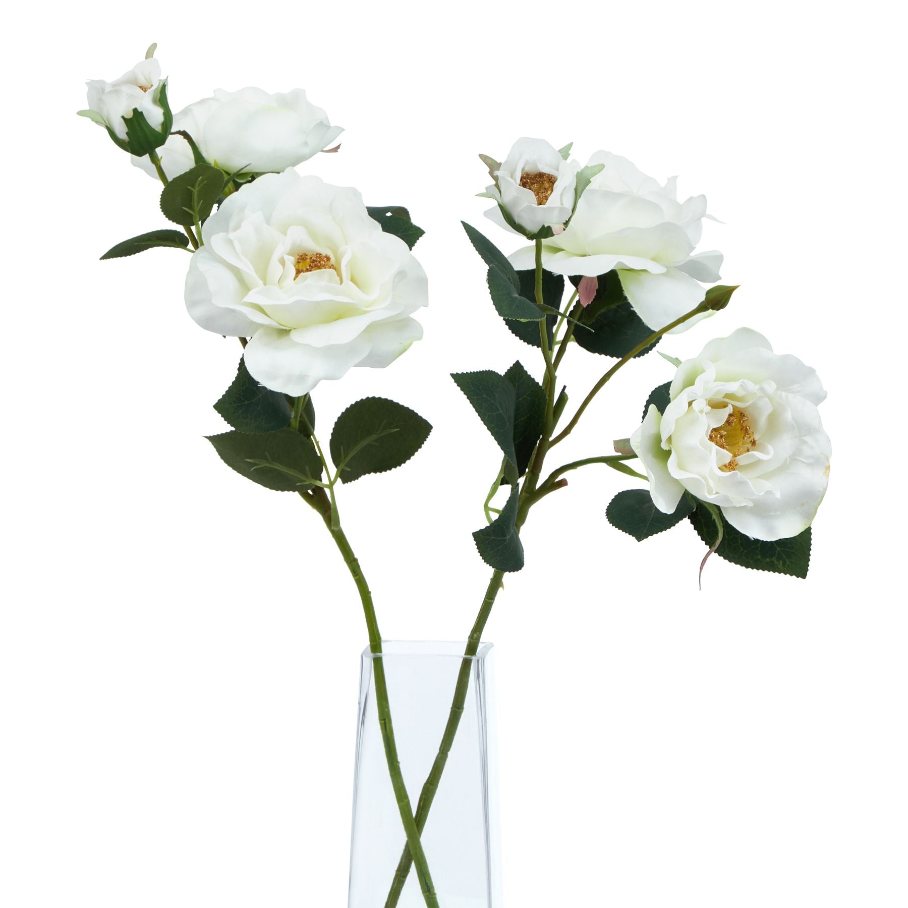 Elegant artificial white roses in a clear vase, featuring soft creamy petals and lush green leaves, perfect for sophisticated decor.