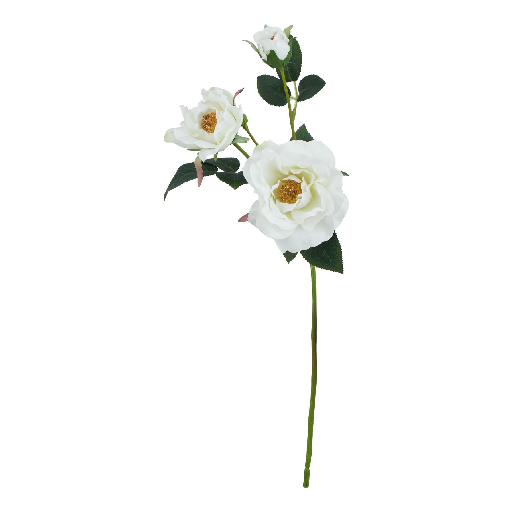 Single stem artificial white tea rose with soft creamy petals and green leaves, showcasing exquisite realism and elegance.