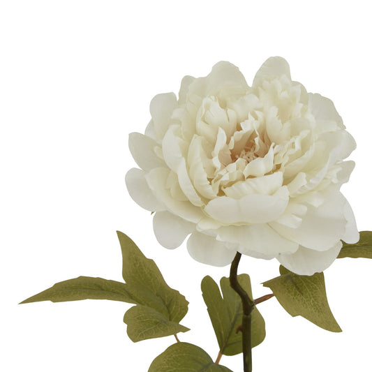 Realistic white peony with layered petals and lifelike green leaves, perfect for elegant home decor and versatile arrangements.