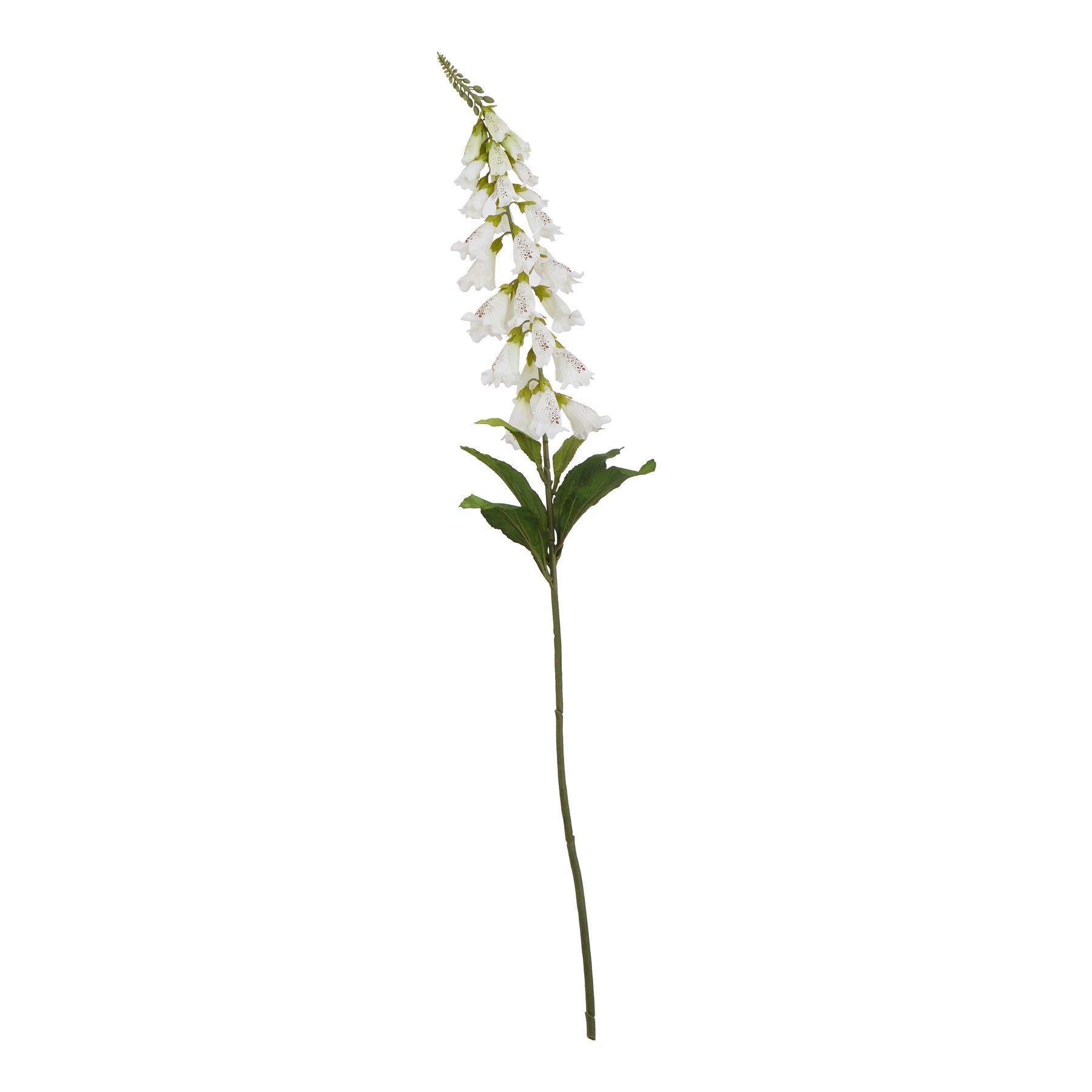 Elegant artificial white foxglove with bell-shaped blooms and intricate veining, set on a slender green stem.