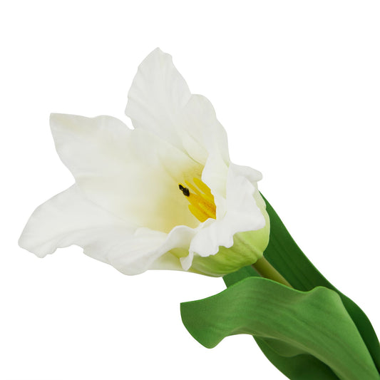 Lifelike white parrot tulip stem with intricate veining, yellow center, and green leaves, perfect for elegant floral arrangements.