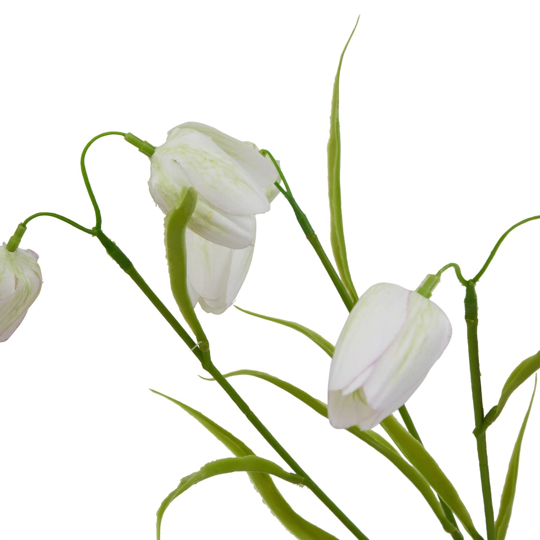 Lifelike white fritillaria stem with delicate petals and green foliage, perfect for elegant spring arrangements.