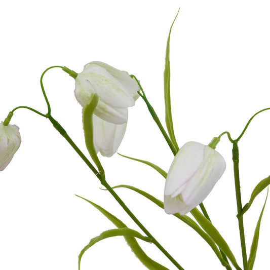 Lifelike white fritillaria stem with delicate petals and green foliage, perfect for elegant spring arrangements.