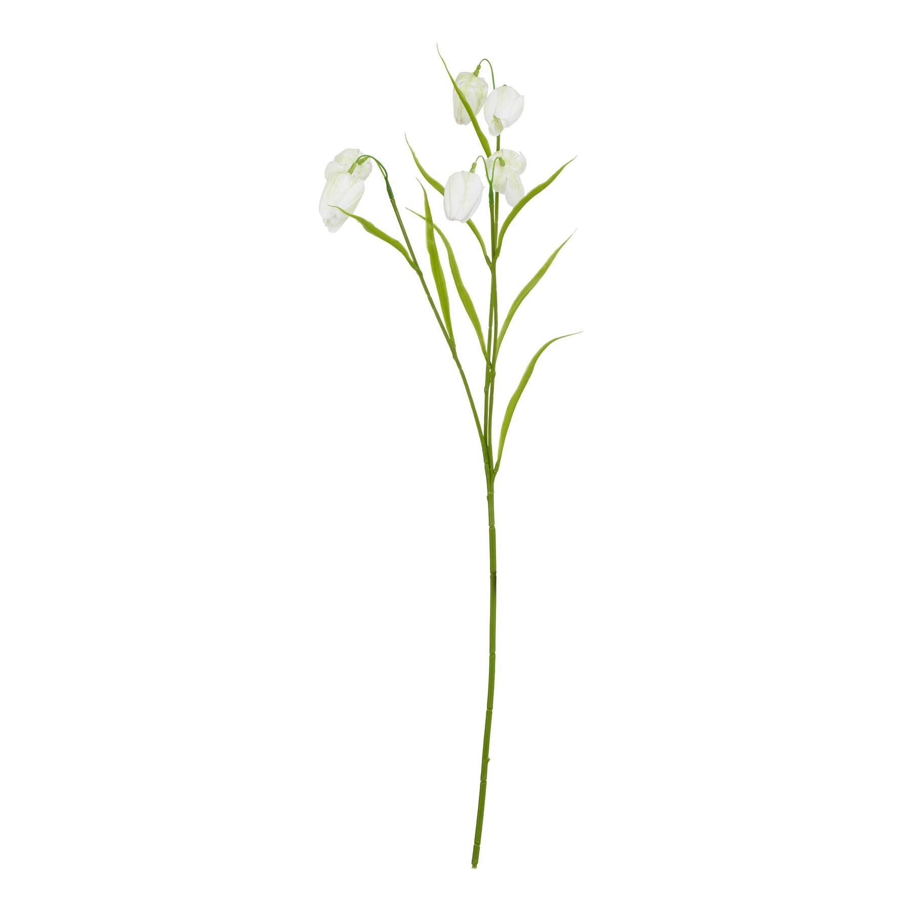 Elegant white fritillaria stem with realistic petals and long green leaves, designed for sophisticated floral arrangements.