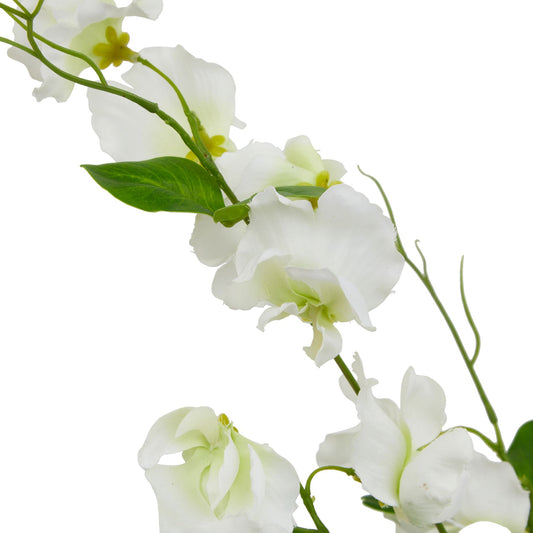 Lifelike white sweetpea stem with delicate flowers and green leaves; perfect for elegant, year-round decor.
