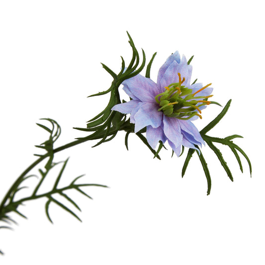 Lifelike Purple Nigella stem with star-shaped blooms and delicate green foliage, perfect for elegant floral arrangements.