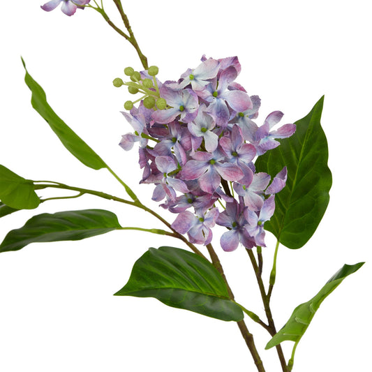 Lifelike purple lilac blossoms with green buds and glossy leaves, perfect for elegant floral arrangements year-round.