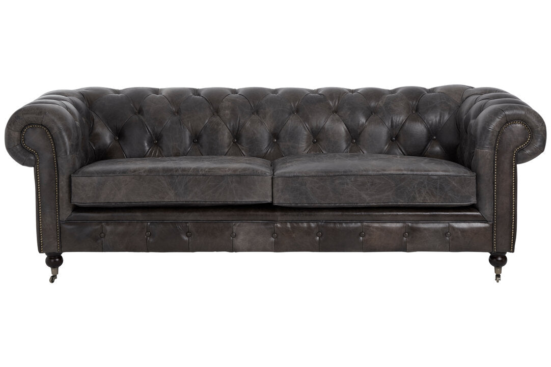 Noble Dark Grey Brown Leather Chesterfield 3 Seat Sofa