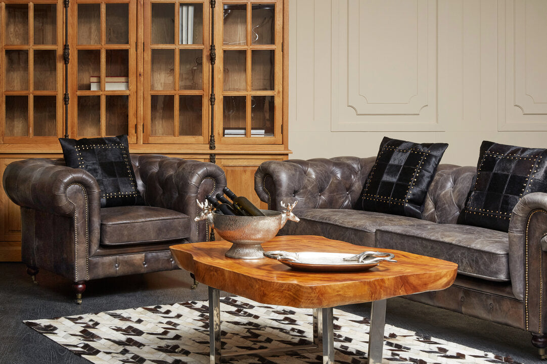 Noble Dark Grey Brown Leather Chesterfield 3 Seat Sofa