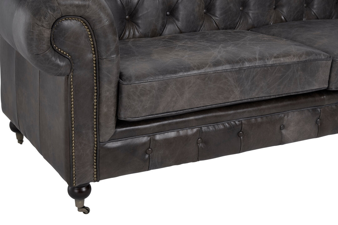 Noble Dark Grey Brown Leather Chesterfield 3 Seat Sofa