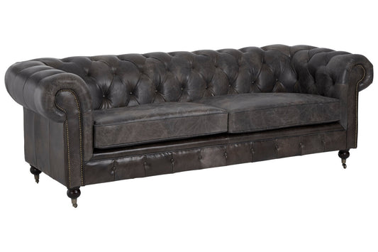 Noble Dark Grey Brown Leather Chesterfield 3 Seat Sofa