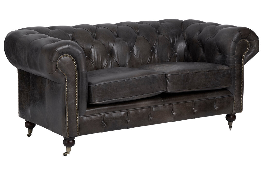 Noble Dark Grey Brown Leather Chesterfield 2 Seat Sofa