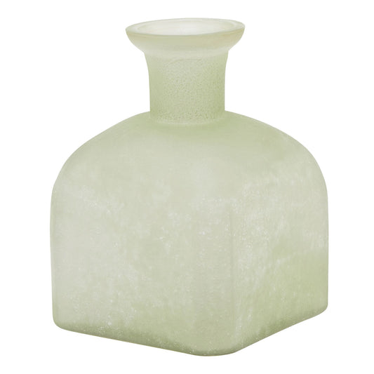 Smoked sage glass vase with a square shape and aged brass accents, blending modern elegance with vintage charm.
