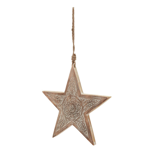 Natural Wooden Large Patterned Hanging Star - Christmas Baubles from the Quanta Home collection.