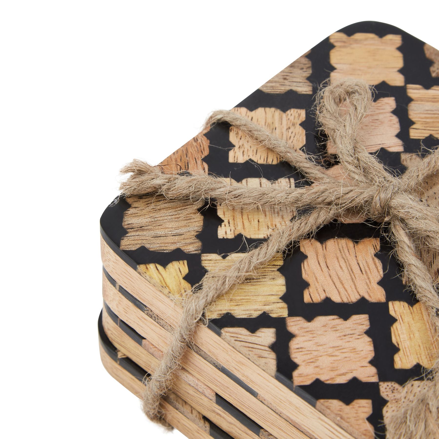 Set Of 4 Wood Effect Black Geometric Coasters - Kitchen And Tableware from the Quanta Home collection.