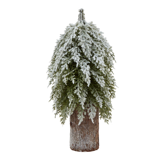 Small Snowy Fir Tree On Tall Wood Log - Christmas Room Decorations from the Quanta Home collection.