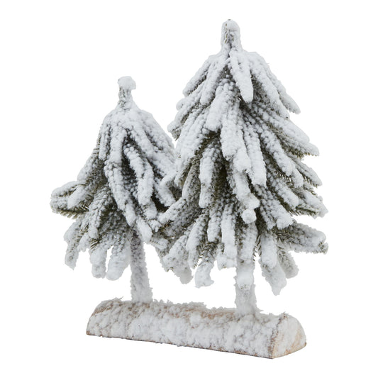 Small Snowy Fir Tree Duo On Wood Log - Christmas Room Decorations from the Quanta Home collection.