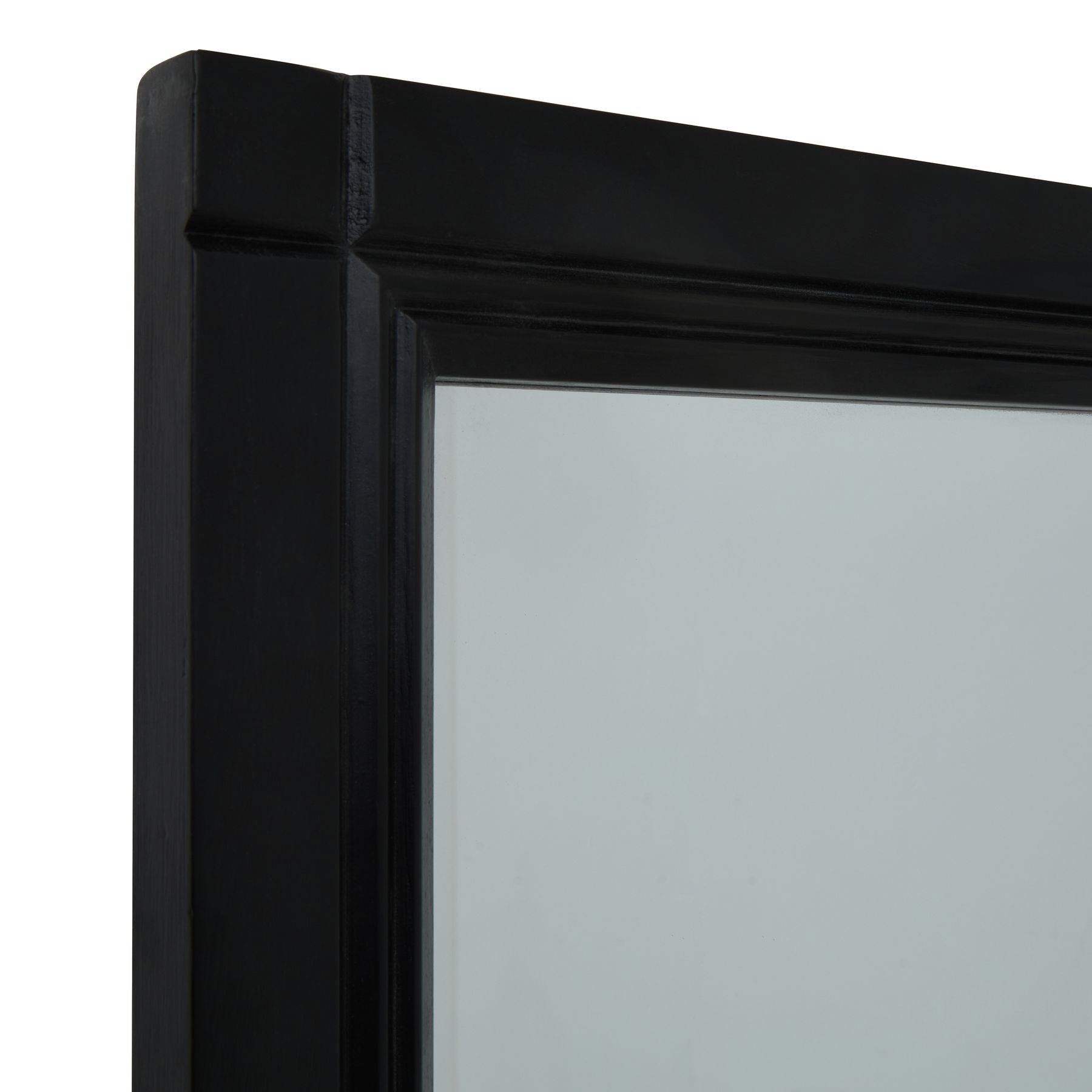 Oversized black wood mirror with a deep ebony frame, featuring a classic grid design for a sophisticated, architectural look.