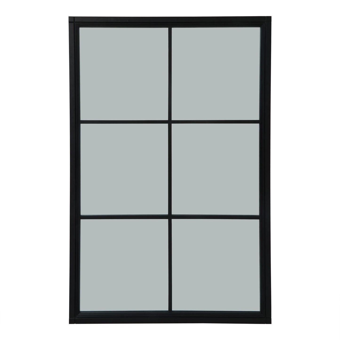 Oversized black wood wall mirror featuring a geometric grid design, adding sophistication and depth to any interior space.