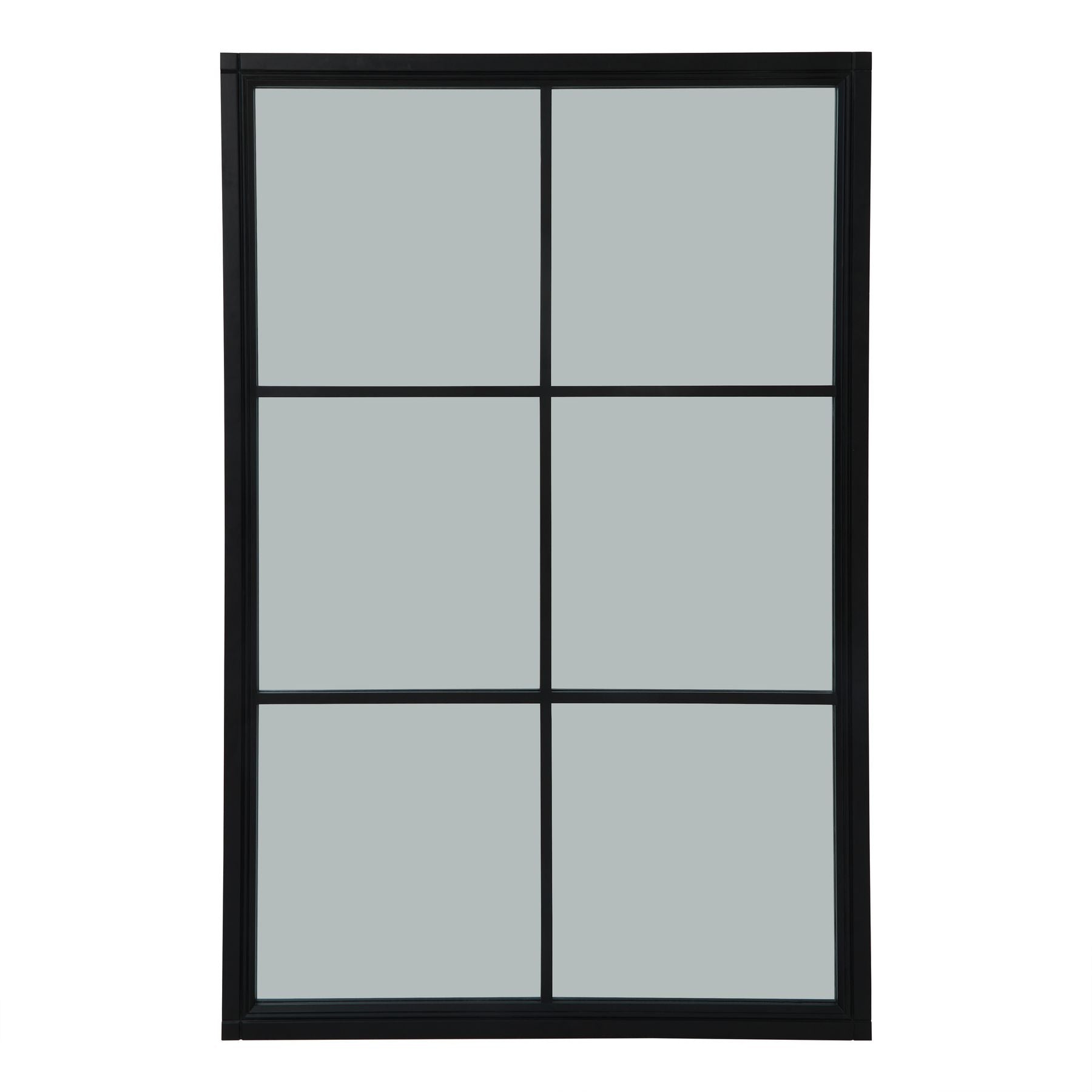 Oversized black wood wall mirror featuring a geometric grid design, adding sophistication and depth to any interior space.
