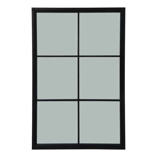 Oversized black wood wall mirror featuring a geometric grid design, adding sophistication and depth to any interior space.