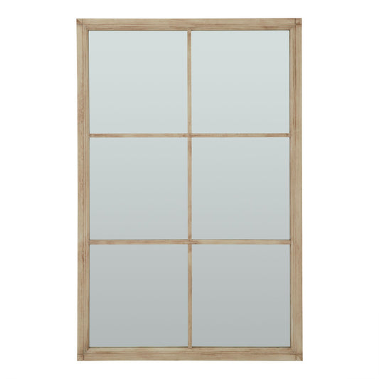 Rustic window-style mirror with a weathered wood frame and distressed finish, offering a vintage look in red tones.