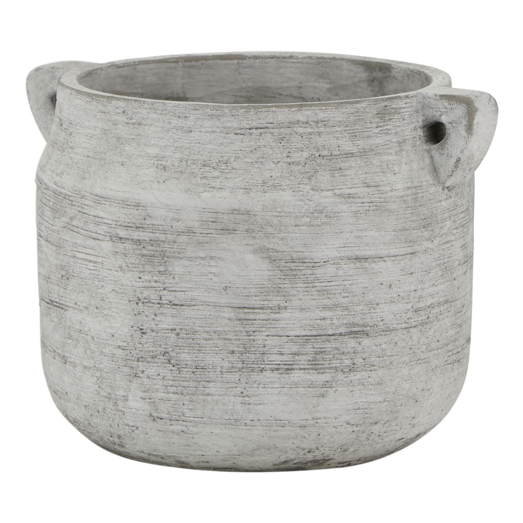 White, weathered stone hydria pot with a classical amphora shape, featuring textured lines for added elegance. Perfect for floral displays.