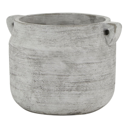 White, weathered stone hydria pot with a classical amphora shape, featuring textured lines for added elegance. Perfect for floral displays.