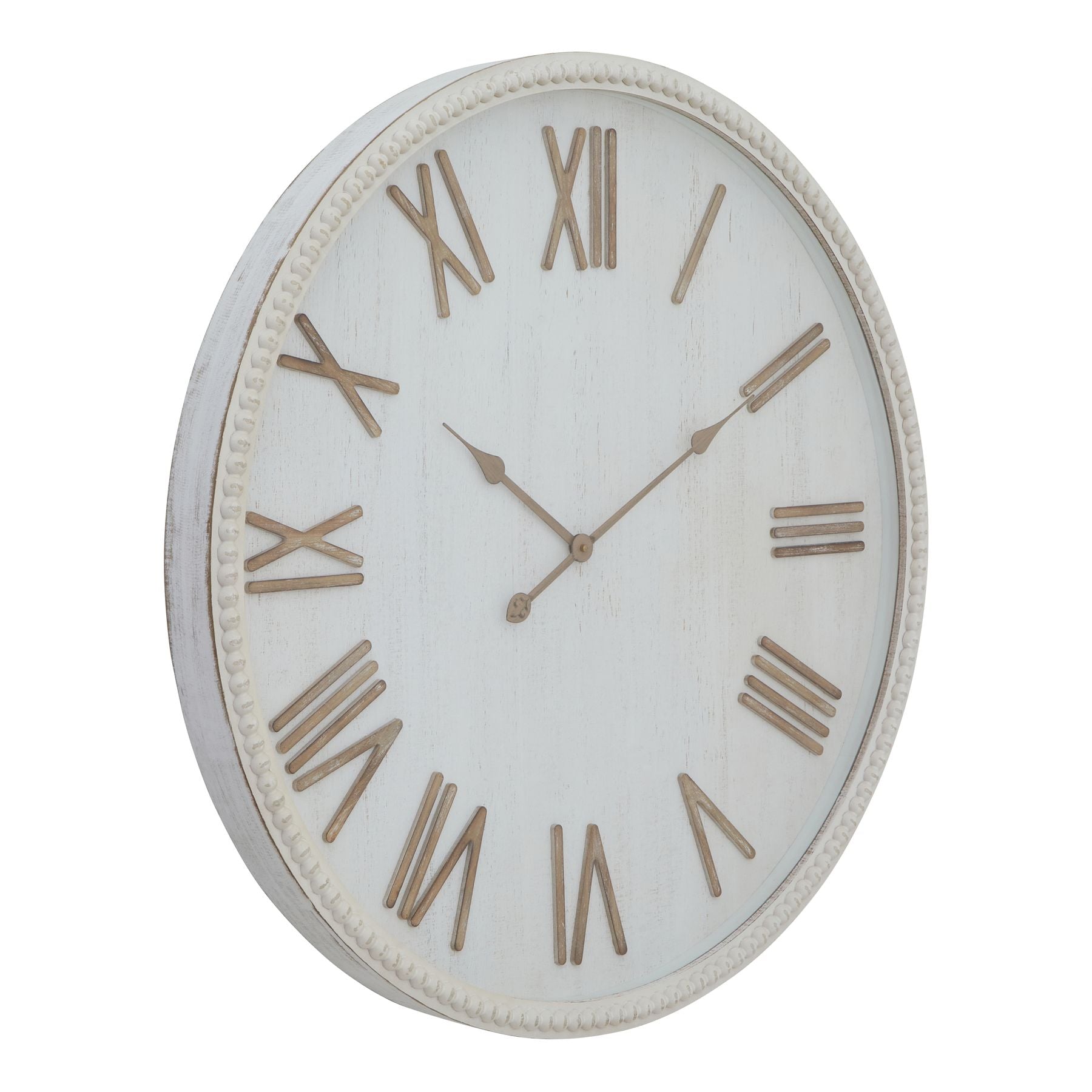 Large rustic white wall clock featuring a beaded frame, with a contrasting white face and gold numerals for easy readability.