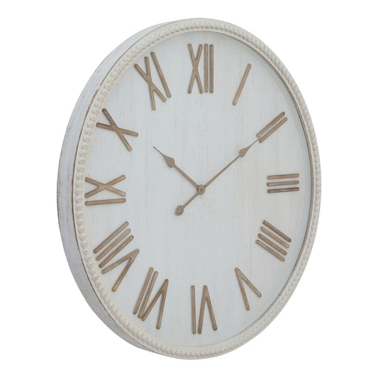 Large rustic white wall clock featuring a beaded frame, with a contrasting white face and gold numerals for easy readability.