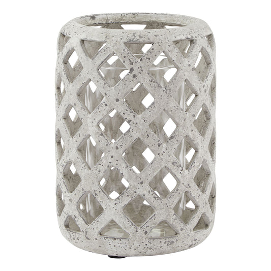 Grey stone effect hurricane lantern with a weathered, artisanal design and matte finish, featuring a classic lattice pattern.