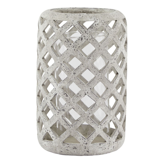 Large grey hurricane lantern with a textured, diamond-pattern stone effect, showcasing a glass interior for candlelight.
