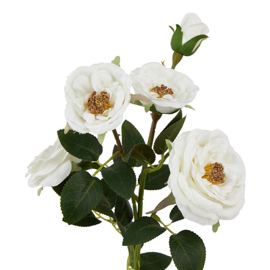 Lifelike white hedge rose stem with delicate petals, golden stamens, and lush green leaves, perfect for elegant decor.
