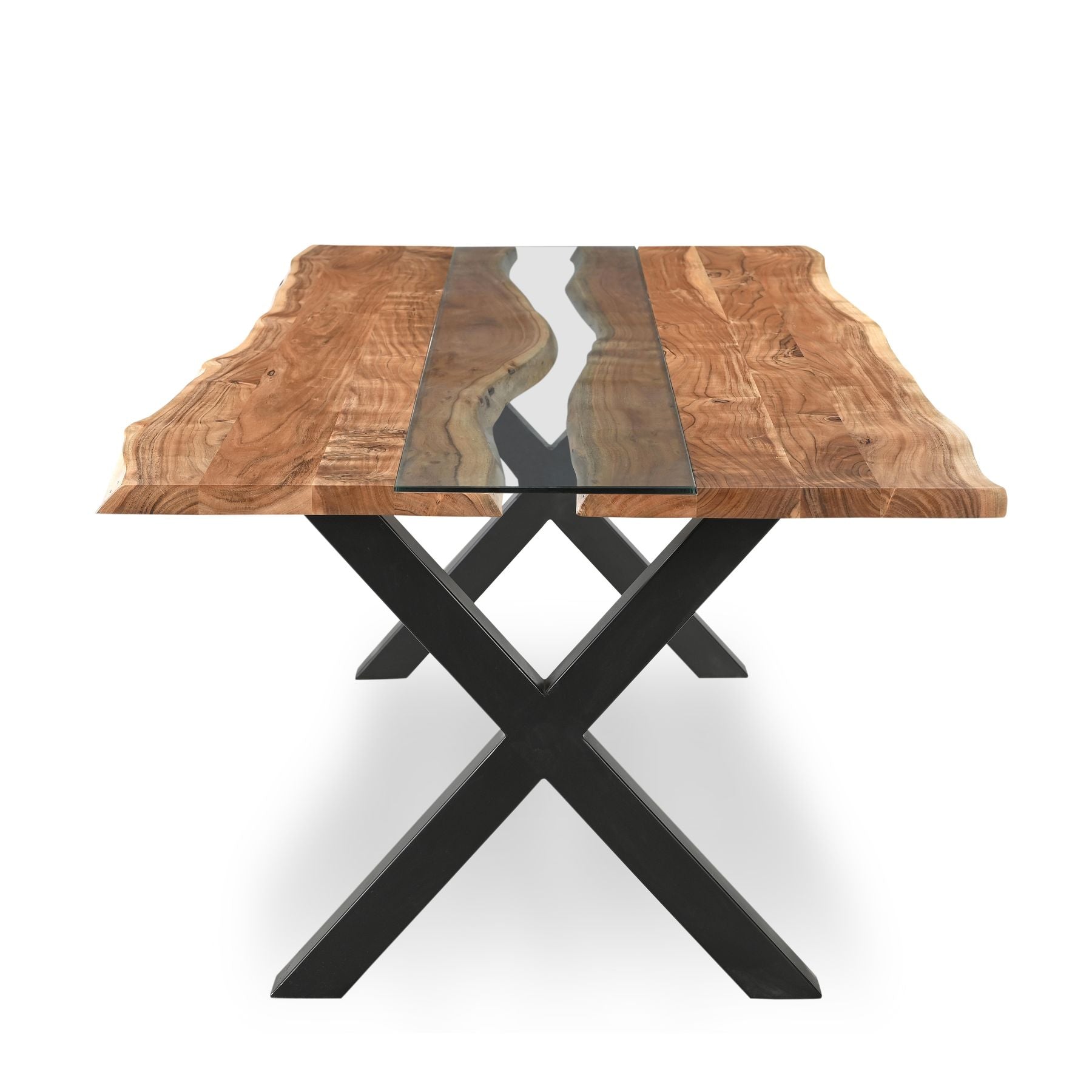 Live edge dining table with solid Acacia wood, featuring a striking glass river, supported by a sleek black X-frame base.