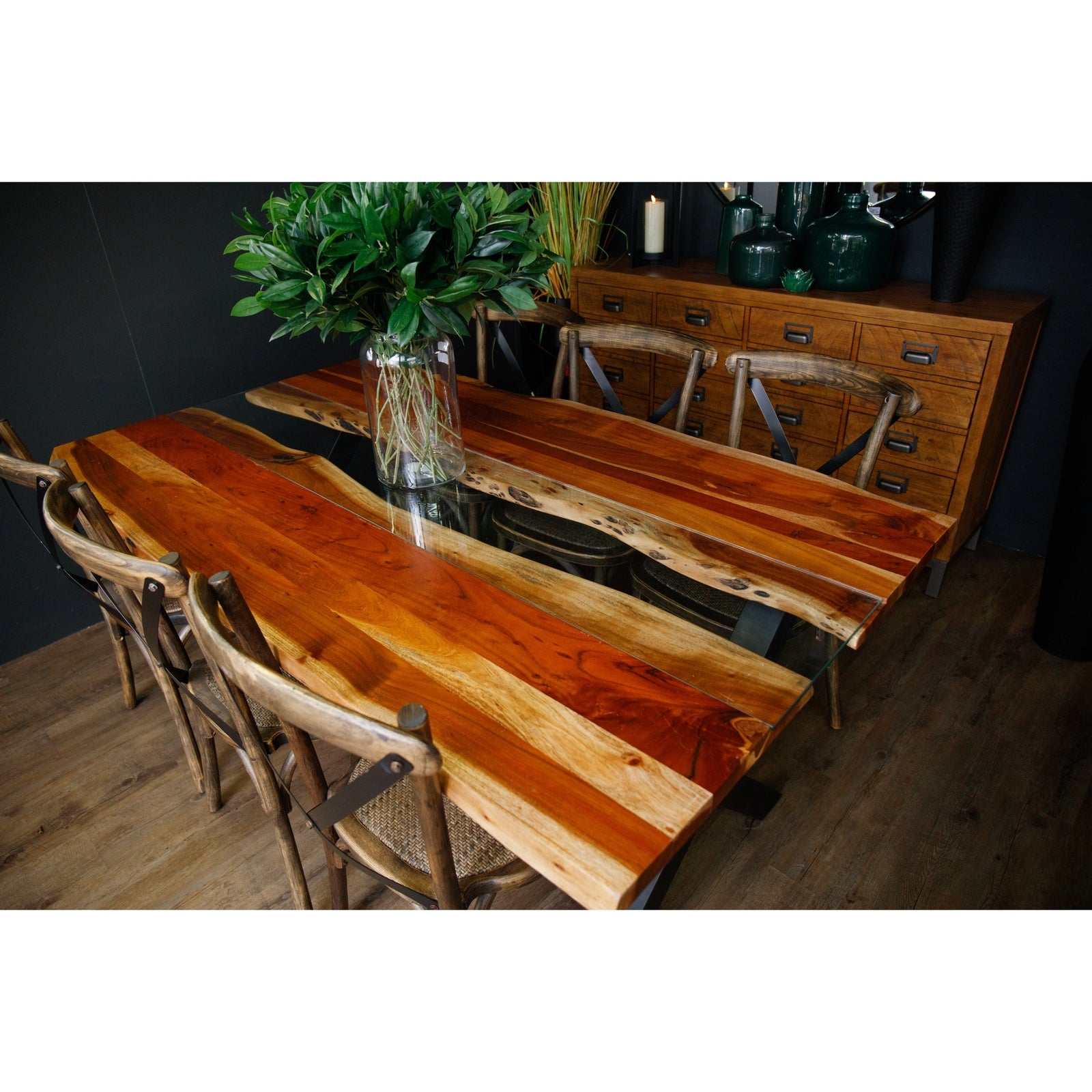 Large live edge dining table features solid Acacia wood with rich hues and a striking glass river, enhancing rustic elegance.