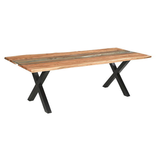 Large live edge dining table made from solid Acacia wood, featuring a glass river centerpiece and black X-frame legs.