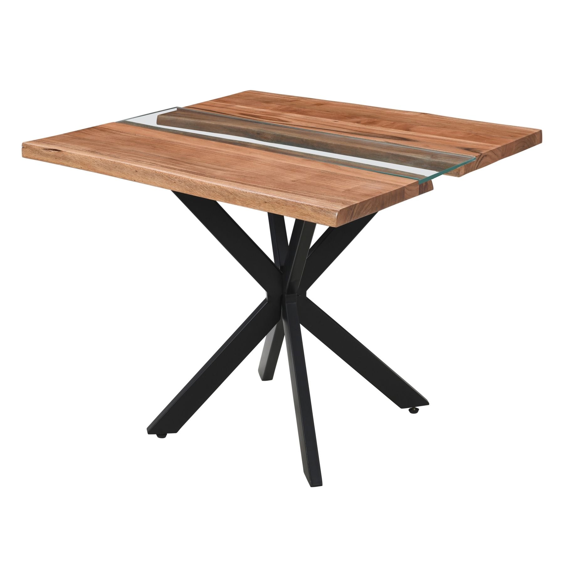 Live edge square dining table with natural wood, unique grain patterns, and a glass river, supported by a sleek black metal base.