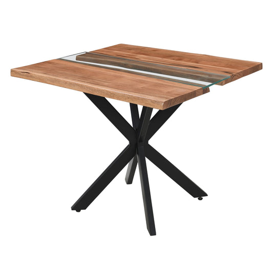 Live edge square dining table with natural wood, unique grain patterns, and a glass river, supported by a sleek black metal base.