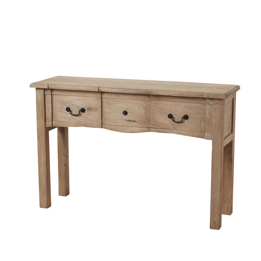 Handcrafted console table in a bleached wood finish, featuring three drawers and elegant black iron handles for sophisticated storage.