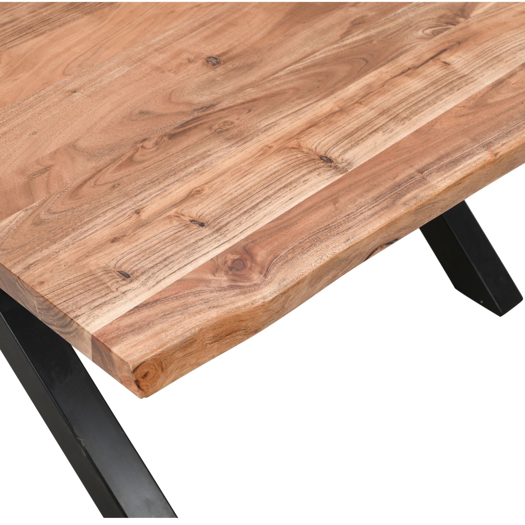 Large square dining table with a natural live edge, crafted from solid Acacia wood, featuring unique grain patterns and sturdy black steel legs.