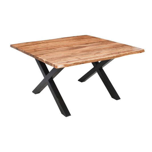Large square dining table featuring a live edge solid Acacia wood top with unique grain patterns, supported by black powder-coated steel legs.