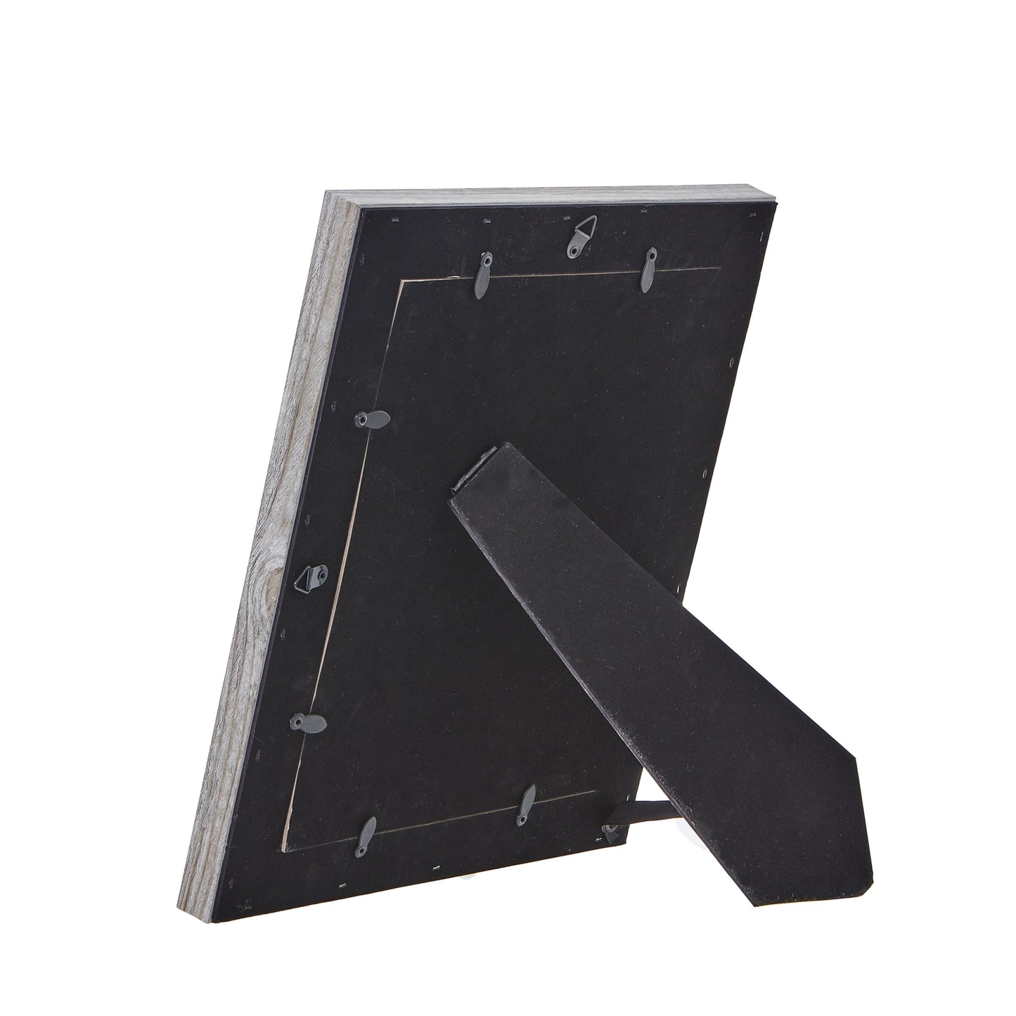 Grey washed 8x10 photo frame with a weathered finish, featuring a sturdy back support for display. Perfect for any decor.