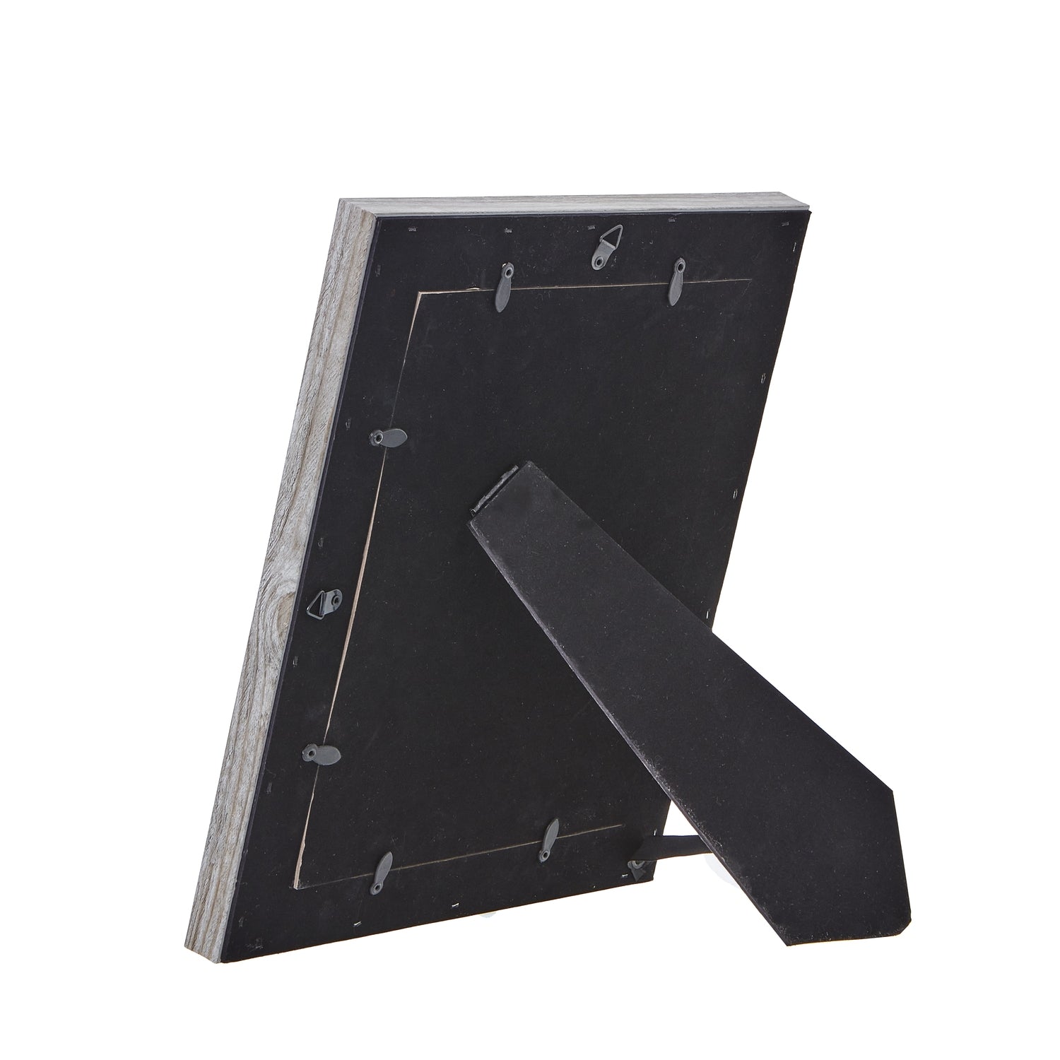 Grey washed 8x10 photo frame with a weathered finish, featuring a sturdy back support for display. Perfect for any decor.