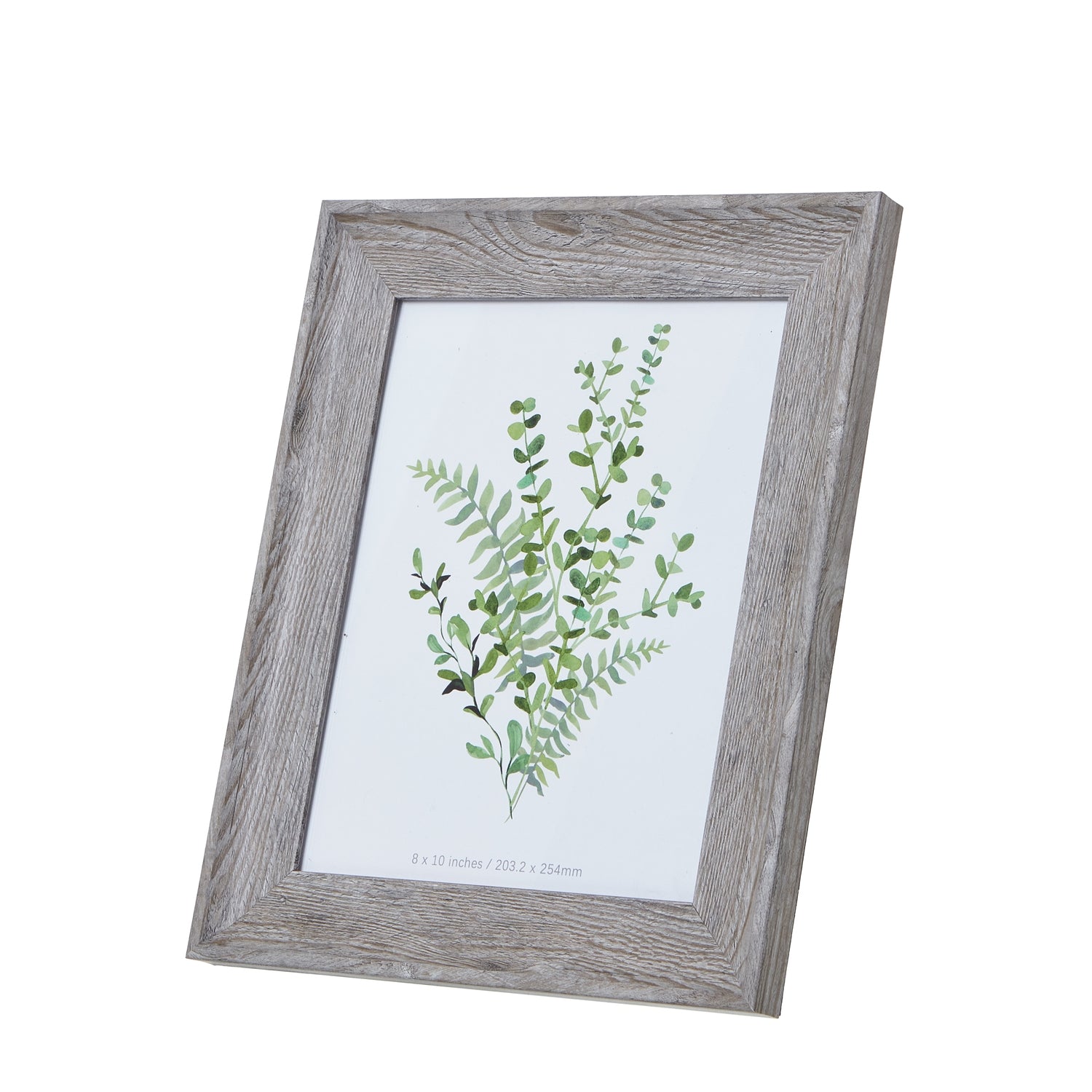 Grey washed 8x10 photo frame with a weathered finish, showcasing greenery artwork, perfect for rustic or modern decor.
