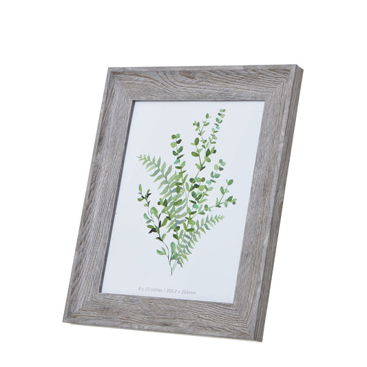 Grey washed 8x10 photo frame with a weathered finish, showcasing greenery artwork, perfect for rustic or modern decor.