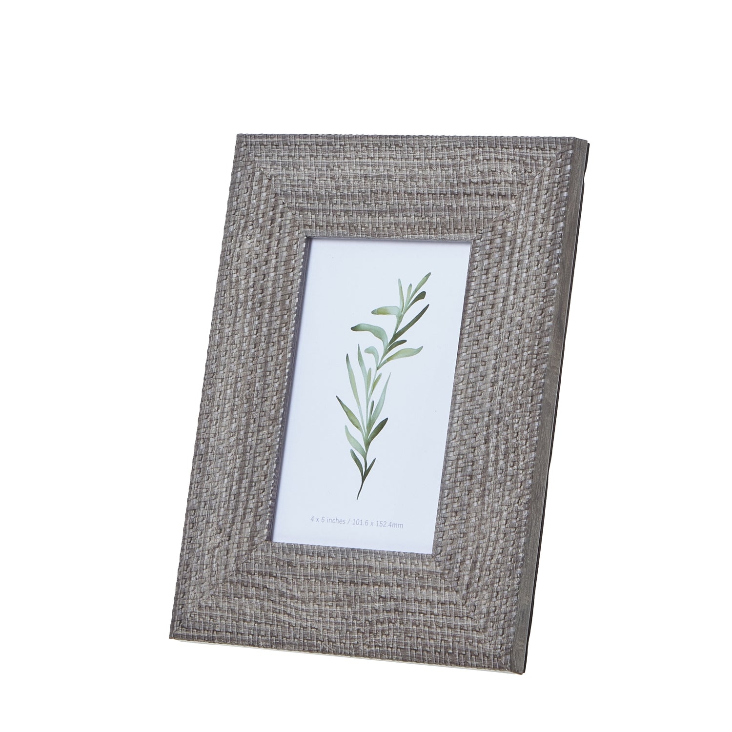 Grey-washed woven photo frame for 4x6 photos, featuring an intricate weave pattern, ideal for elegant decor arrangements.
