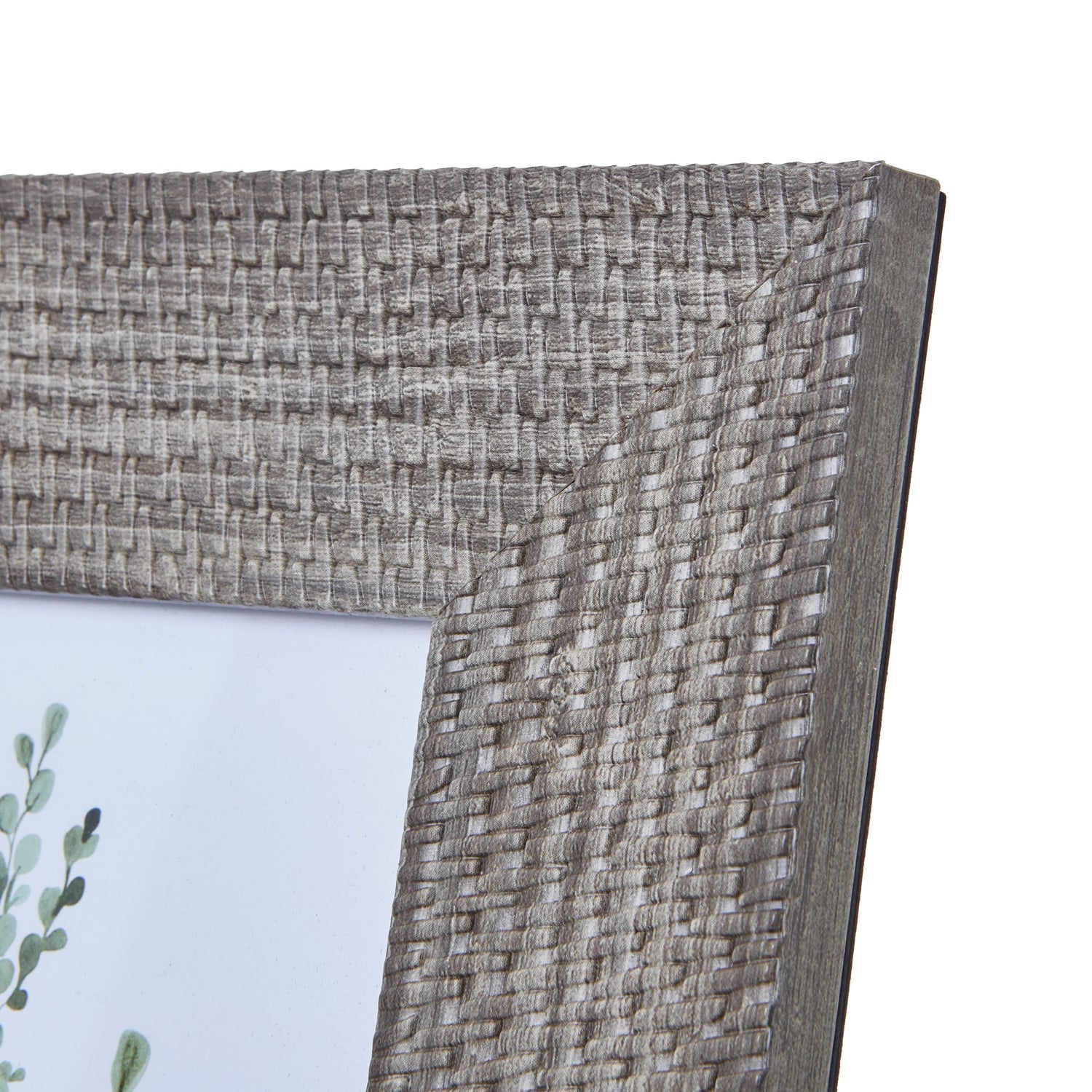 Textured grey-washed woven photo frame with intricate patterns, ideal for displaying 5x7 photos in various decor styles.
